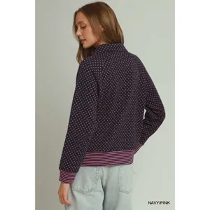 Umgee Polka Dot Half Zip Sweatshirt - Navy/Pink - Medium thumbnail 3