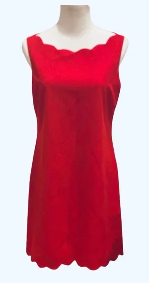 Vintage 90s Laundry Red Mini Scallop Sheath Shift Dress Scalloped 10 Party thumbnail 1