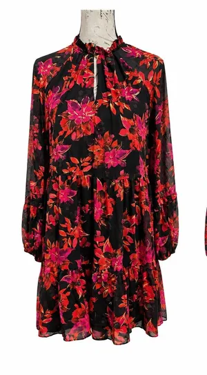 Vince Camuto Red Floral Open Back Tie Mini Dress Black Gold Metallic‎ Small thumbnail 1