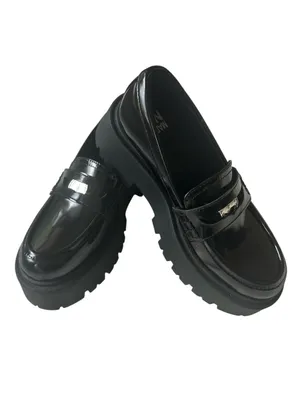 Madden NYC Platform Lug Sole Penny Loafers in shiny black patent finish. thumbnail 2