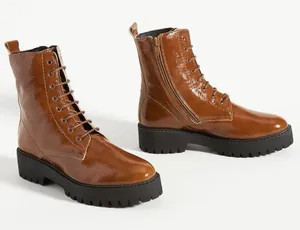Anthropologie Boot Lace up Moto Patent Camel Brown Leather Ankle Boots thumbnail 1