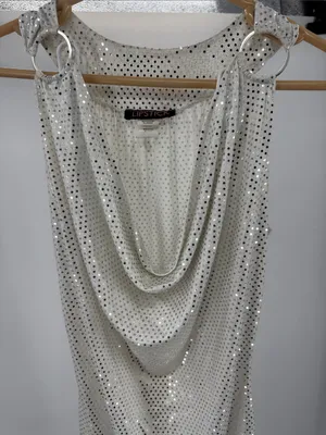 Lipstick Silver Sequin White Sleeveless banded Top ring detail L draped neck Y2K thumbnail 10