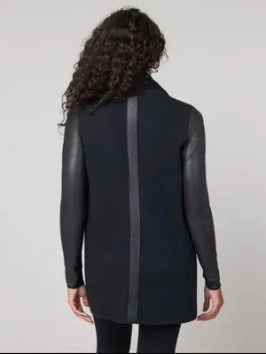SPANX Point Drape-Front Black Faux Leather Trench Style Coat Blazer Size Small thumbnail 2