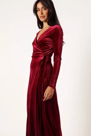 Darby long wrap around dress in burgundy color s thumbnail 2