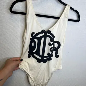 Christian Dior Vintage Logo One Piece Swimsuit Cream Black High Cut USA 34 Italy thumbnail 2