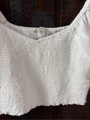 American Eagle Cotton Linen White Puff Sleeve Smocked Crop Top - M thumbnail 6