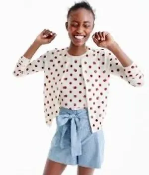 J.Crew Tippi Cardigan Sweater ‎ Medium Merino Wool Polka Dot Sequin Cream Red thumbnail 1