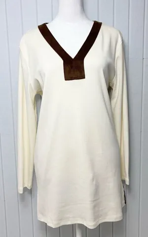 Ralph Lauren V neck Cream and Brown Cotton Long‎ Sleeve Top Size L thumbnail 1