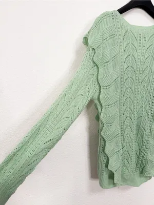 Miss Sparkling NWOT Oversized Apple Green Pointelle Ruffle Knit Sweater XL thumbnail 3