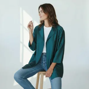 ST. JOHN COUTURE Sharkskin Silk Wool Blend Teal Open Front Jacket Blazer Size 8 thumbnail 2