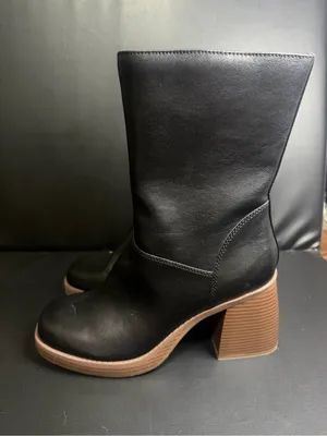 Black Faux Leather Mid-Calf Boots with Stacked Block Heel thumbnail 5