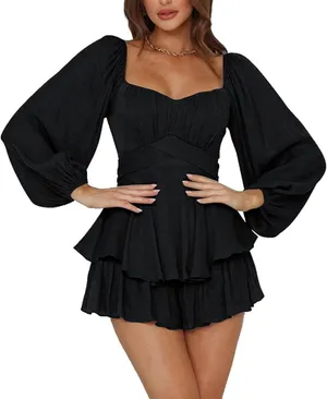 Amazon Black Lantern Long Sleeve Ruffle Layer Romper thumbnail 1