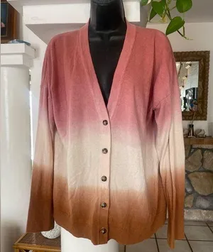 J.Jill Dip Dyed Ombré Cardigan Sweater Womens Large Pink Brown White But… thumbnail 1