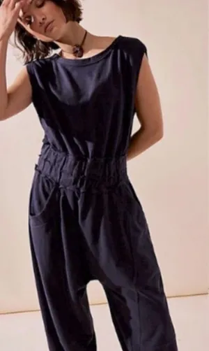Free People Jamie Jumpsuit Sz Small Navy Blue Open Back Boho thumbnail 1
