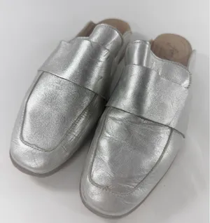 Free People At Ease Loafer Mules Silver Metallic Leather Square Toe Size 36 thumbnail 1