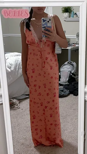 Salmon Pink Satin Floral Maxi Dress thumbnail 1