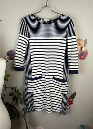 Barbour Blue and Gray Striped Rief 3/4 Sleeve Midi Pocket Dress - Size - 4 thumbnail 1