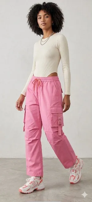Boutique Wide Leg Cargo Pants Pink Size XL Y2K Rave Summer Retro Coastal Casual Minimalis thumbnail 1