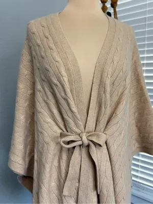 Saks Fifth Avenue Cashmere Tie-Front Cable Knit Poncho Sweater - Cream Size XS/S thumbnail 3