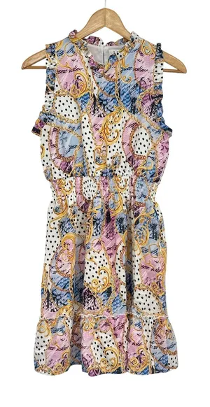 THML High Neck‎ Ruffle Tiered Floral Smocked Polka Dot Dress Size S Cottage thumbnail 1