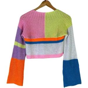 Womens Colorblock Crochet Knit Cropped Sweater Colorful Beachy Festival Size S thumbnail 3