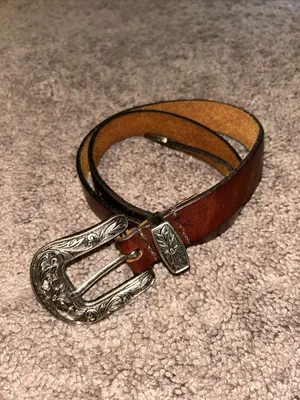 Handmade dark brown leather silver tone floral buckle western belt thumbnail 2