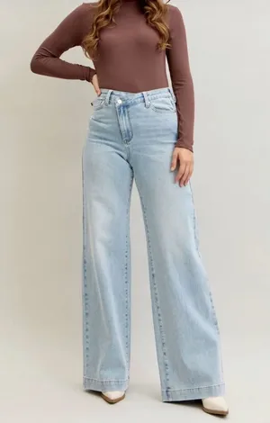 Judy Blue High Waist Retro Wide Leg Criss Cross Mild Destroy Jeans Blue 7/28 thumbnail 1