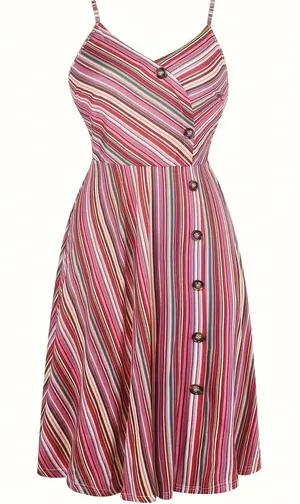 Oxiuli‎ Midi Sundress Women Size XL Multicolor Pink Striped Smocked Back Summer thumbnail 1