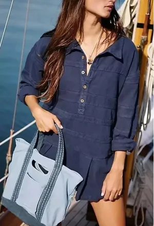 Free People Free-est Womens Navy Blue Cotton Pintuck Henley Pleated Mini Dress M thumbnail 1