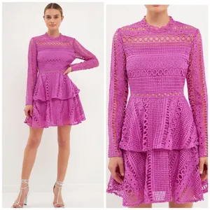 NWT Endless Rose Fuchsia Crochet Lace Peplum Mini Dress Large L Wedding Guest thumbnail 2
