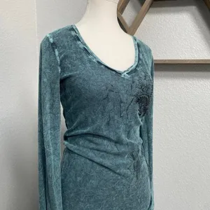 American Age Blue Green Long Sleeve Henley Top Fleur De Lis Y2k Grunge Fairy Alt thumbnail 2
