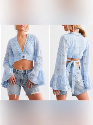 Buckle’s Willow & Root Chambray Blue Crochet Fringed Boho Bell Sleeve Crop Top M thumbnail 2