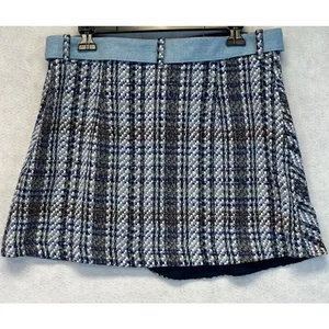 ZARA Mini Skirt Tweed Denim‎ Waist Women XL Blue White Plaid Wrap NWT thumbnail 9