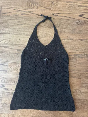 Fairy Grunge Poster Girl black crochet halter tank top XL Cottage Boho Rave Lace thumbnail 6