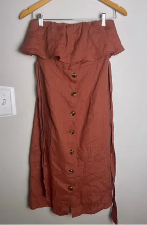 Oliveaceous Rust Linen Blend Strapless Dress S Boho Ruffle Tie Waist Capsule thumbnail 1