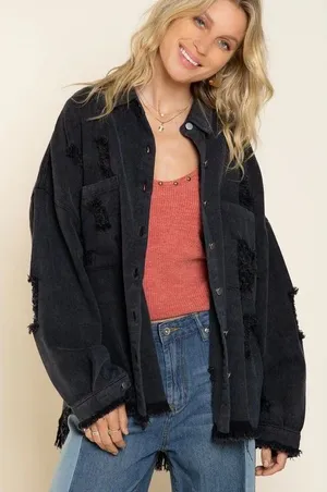 POL Washed Black‎ Distressed Denim Shacket Star Patch Frayed Hem SMT1165D Size M thumbnail 1