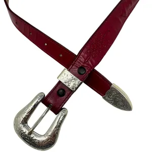 Nocona Western Tooled Leather Belt Red Silver Buckle Women’s Size 26 thumbnail 5