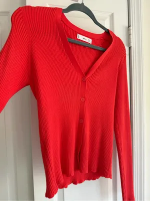 Mango Red Ribbed Fitted Button Front Cardigan Top M thumbnail 9