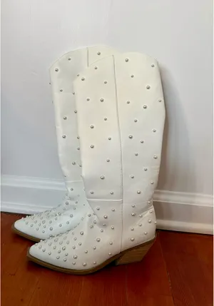 Tall White Western Cowgirl Boots Pearl Detail Knee High thumbnail 2