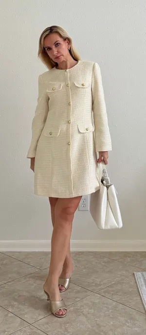 Sentubila Ivory Tweed Mini Dress Gold Buttons NWT Size L thumbnail 1