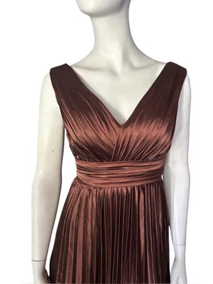 Elegant V-Neck Pleated Sleeveless Handkerchief Hem Chocolate Brown 2 NWOT thumbnail 2