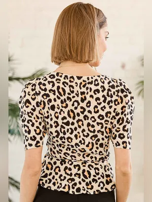 Lulus Leopard Print Faux Wrap Peplum Top Puff Sleeve Size Large thumbnail 7