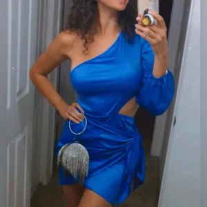 Stunning satin blue one sleeve mini dress thumbnail 2
