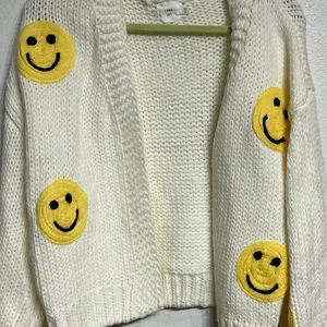 Luna Ivy White Smiley Face Chunky Knit Open Cardigan Sz M thumbnail 3
