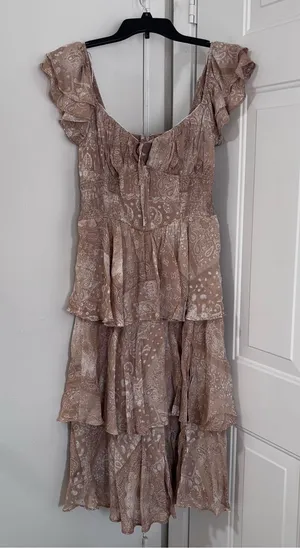 Francesca's Collections Beige Paisley Tiered Ruffle Midi Dress Cottagecore Boho thumbnail 2