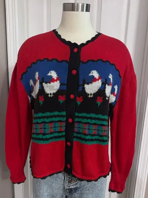 Vintage Goose Cardigan Sweater 90s Novelty Knit Heartstrings M thumbnail 1