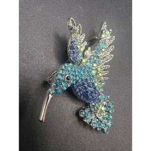 Blue Aqua Silver Tone Rhinestone Hummingbird Pin Brooch thumbnail 2
