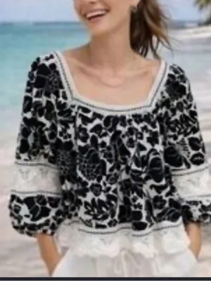 Rachel Zoe Black and White Floral Square-Neck Blouse thumbnail 1