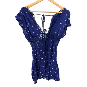 Free People Morning Sun Romper Lace Trim Tie Front Ruffle Boho Festival Size M thumbnail 3