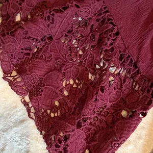 Frazzle Burgundy Lace Crochet Bell Sleeve Boho Mini Tunic Dress Large Wine Red thumbnail 15